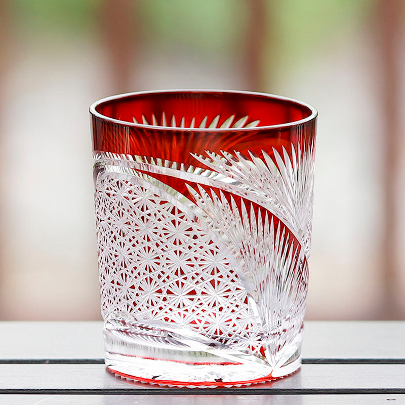 Hand Cut Edo Kiriko Wings Design Whiskey Glass 9oz Clear Red