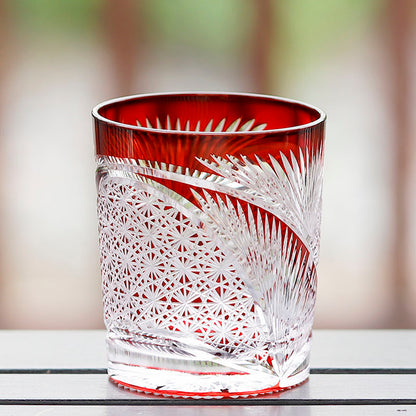 Hand Cut Edo Kiriko Wings Design Whiskey Glass 9oz Clear Red