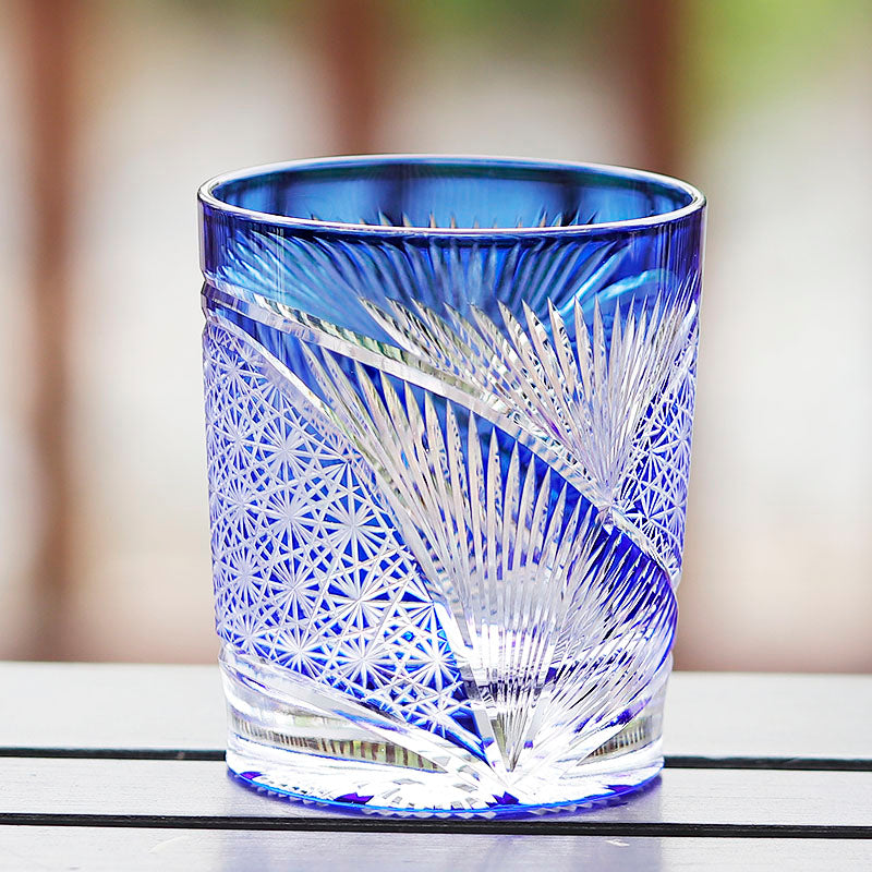 Hand Cut Edo Kiriko Wings Design Whiskey Glass 9oz Clear Blue