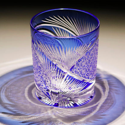 Hand Cut Edo Kiriko Wings Design Whiskey Glass 9oz Clear Blue
