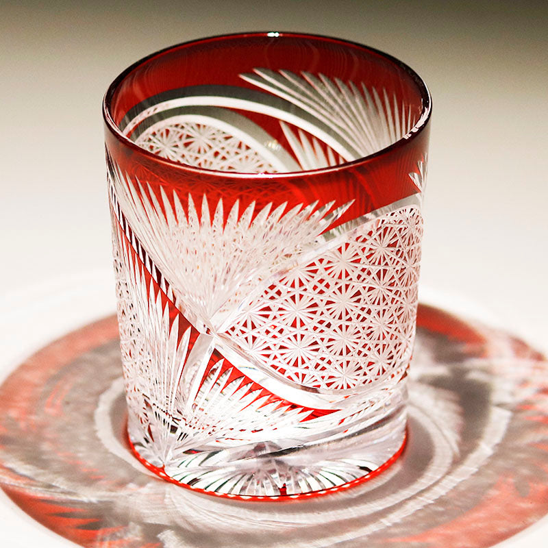 Hand Cut Edo Kiriko Wings Design Whiskey Glass 9oz Clear Red