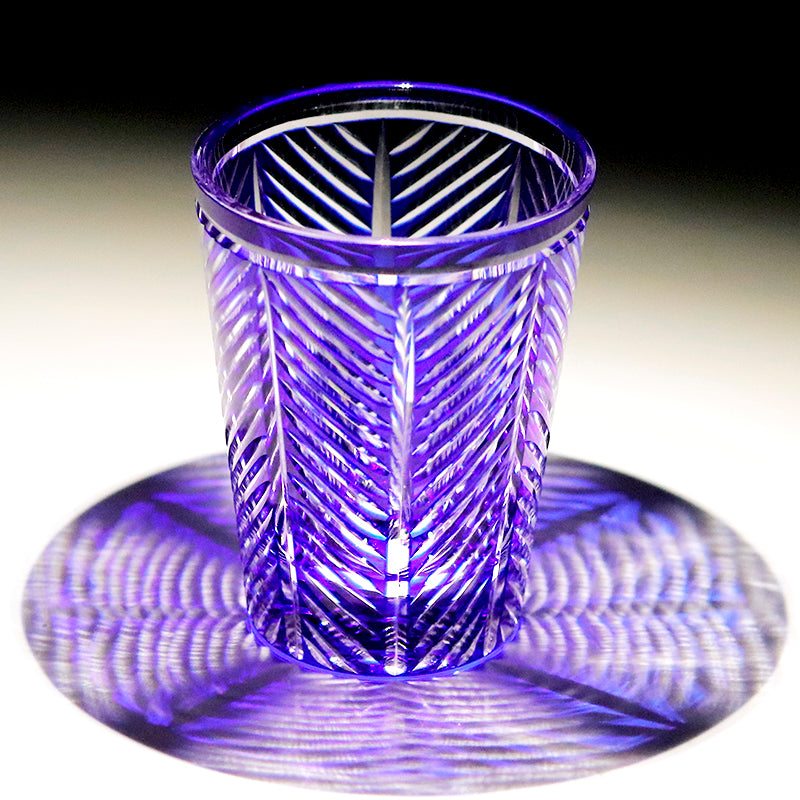 JP-046 Blue and Transparent overlaid Glass Highball Tumblers---Hand Cut To Clear Feather Design