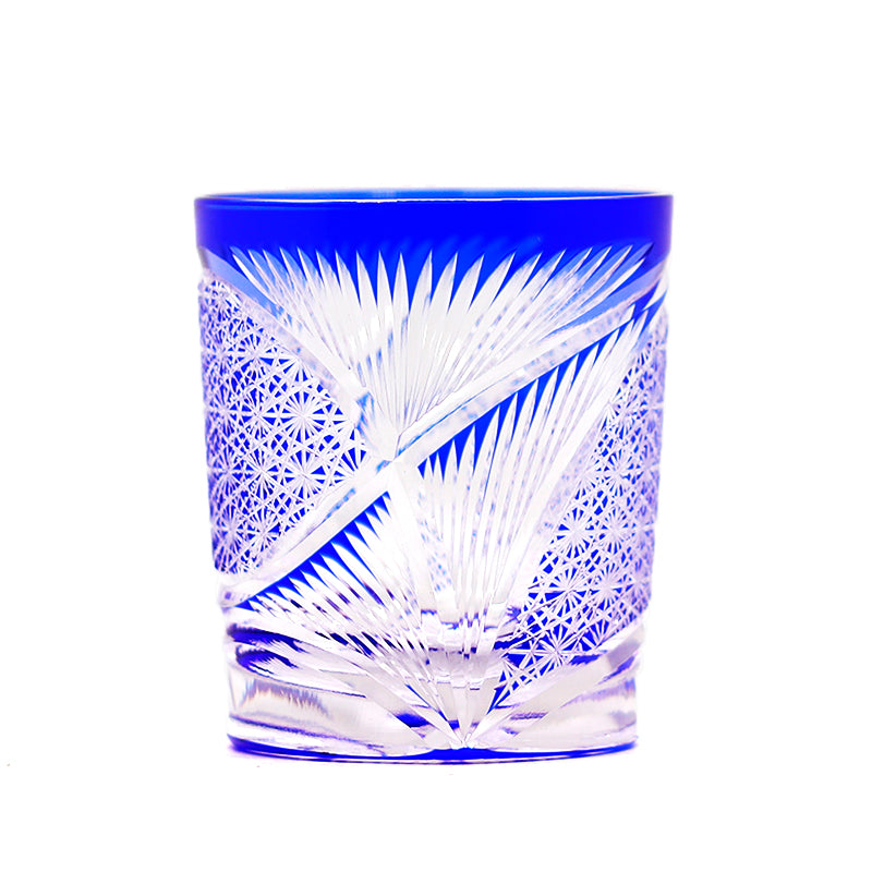 Hand Cut Edo Kiriko Wings Design Whiskey Glass 9oz Clear Blue