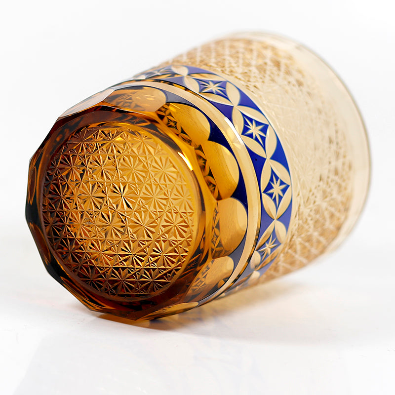 JP-047 250 ml  Blue and Amber color tinted Glass Whiskey Tumblers Edo Kiriko with hand cut Shippo seven treasures design