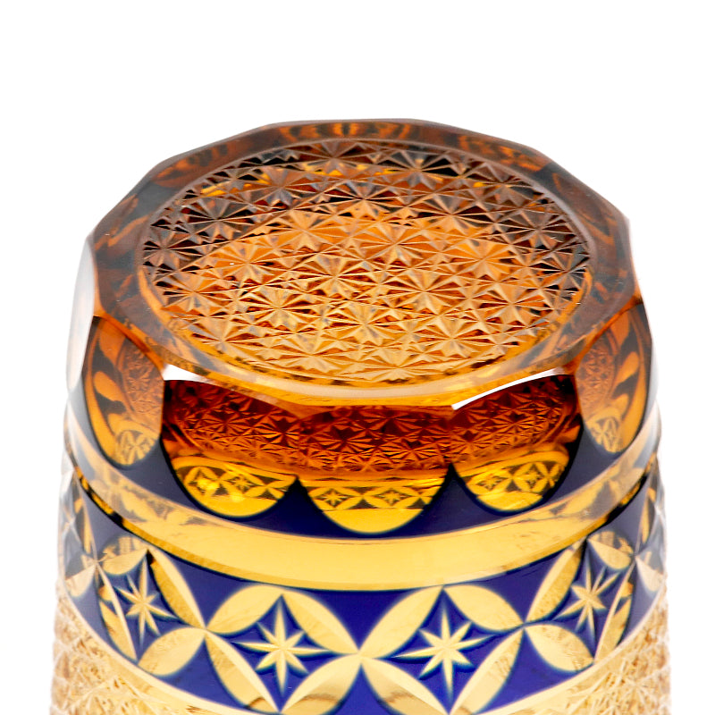 JP-047 250 ml  Blue and Amber color tinted Glass Whiskey Tumblers Edo Kiriko with hand cut Shippo seven treasures design