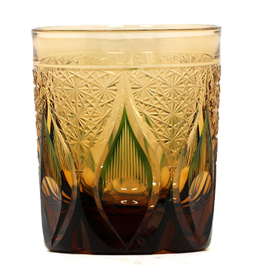 JP-020 25 CL Green and Amber Overlaid Glass Whiskey Tumbler With Hand Engraved candle flame Design
