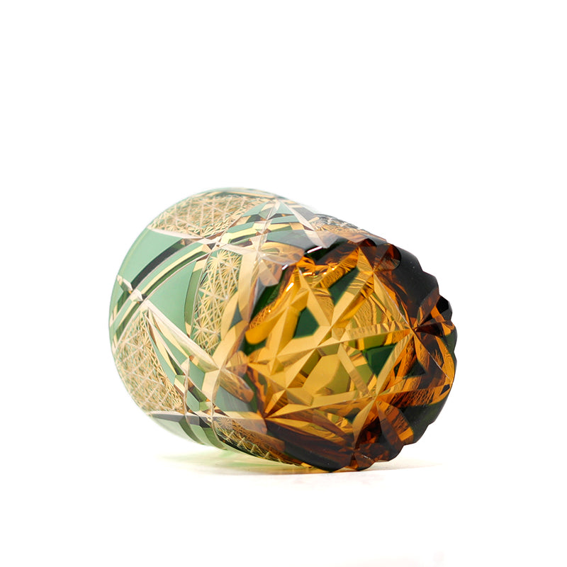 JP-042  8.5 oz Edo Kiriko Style Green Amber Glass Cocktail Whiskey Tumbler Hand Cut Lightning Streaks Pattern