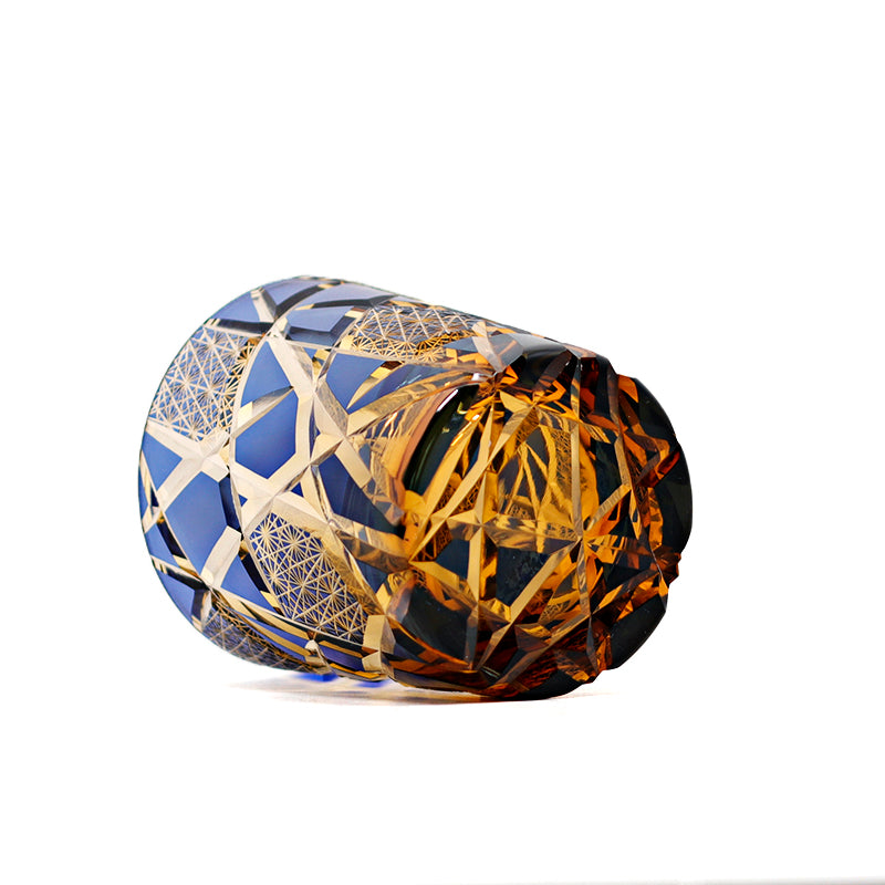 JP-042 Handcrafts Hand Cut To Amber Blue Cased Crystal Glass Whiskey Tumbler Edo Kiriko's Lightning Streaks Pattern