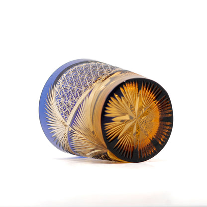 JP-030 250 ml Blue and Amber Tinted Glass Whiskey Cup With Hand Cut Classic Chrysanthemum And Fans 2 different Design