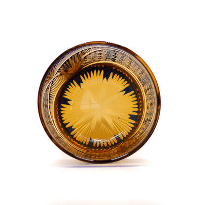 JP-030 250 ml Blue and Amber Tinted Glass Whiskey Cup With Hand Cut Classic Chrysanthemum And Fans 2 different Design
