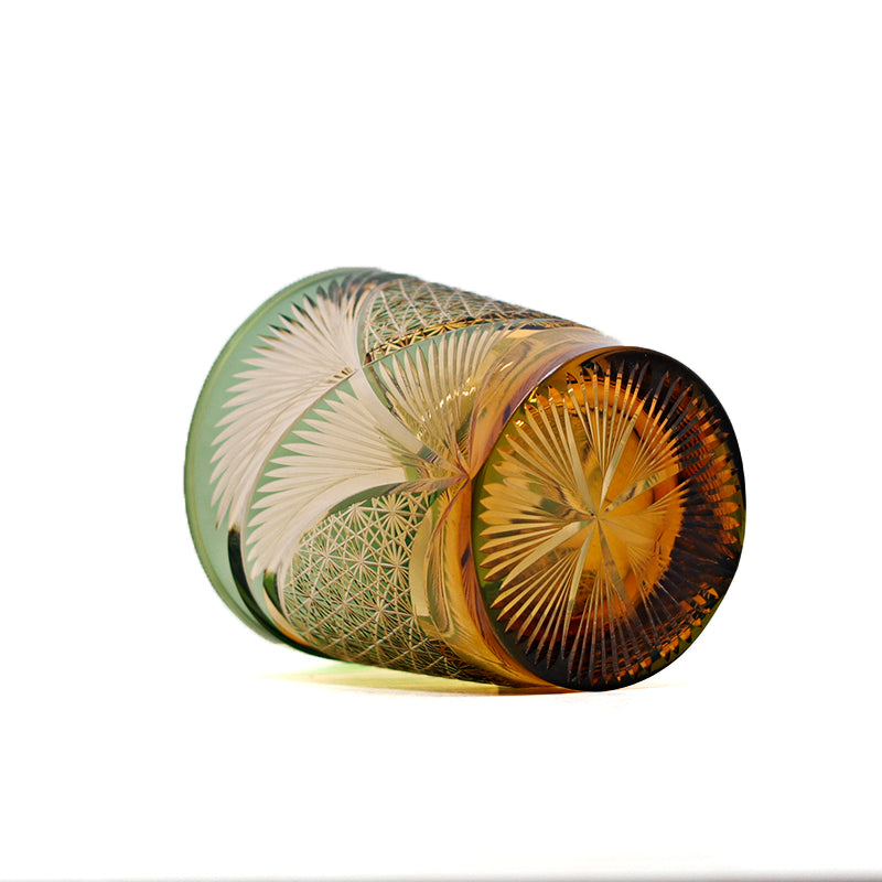 JP-030 250 ml Green and Amber Tinted Glass Whiskey Cup With Hand Cut Classic Chrysanthemum And Fans 2 different Design