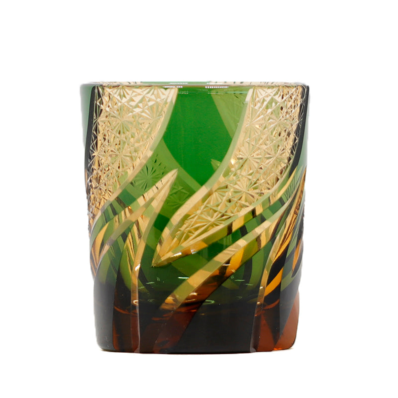 JP-029 25 CL Green and Amber Tinted Glass Whiskey Tumbler With Classic Hand Cut Burning Flame Pattern