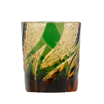 JP-029 25 CL Green and Amber Tinted Glass Whiskey Tumbler With Classic Hand Cut Burning Flame Pattern