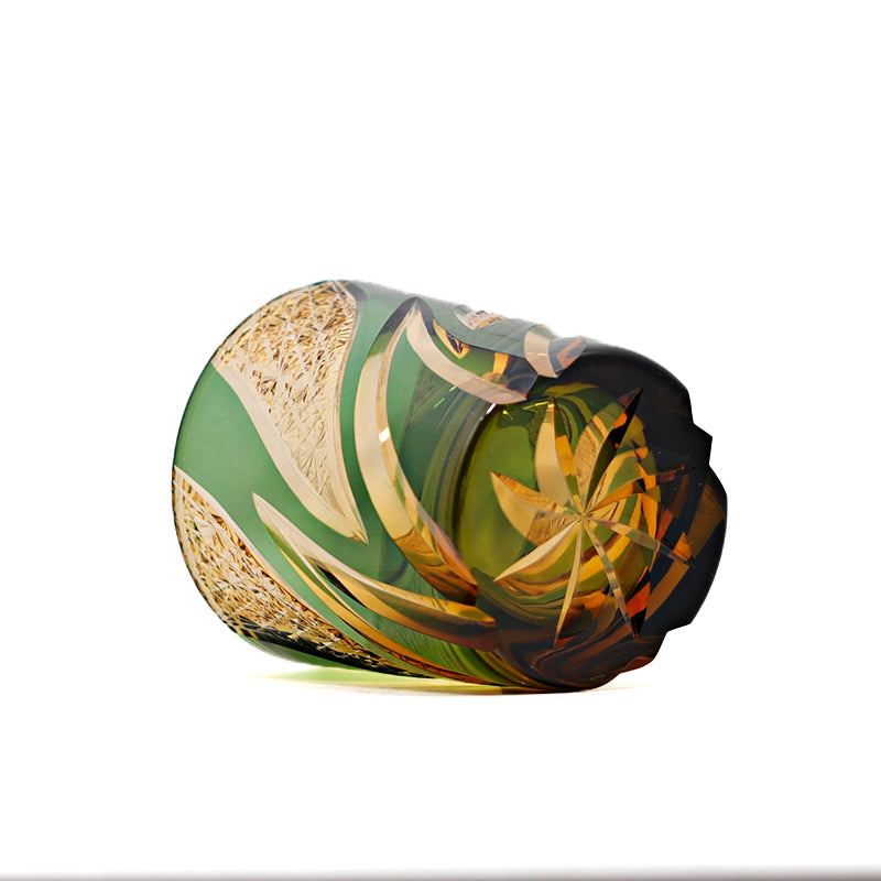 JP-029 25 CL Green and Amber Tinted Glass Whiskey Tumbler With Classic Hand Cut Burning Flame Pattern