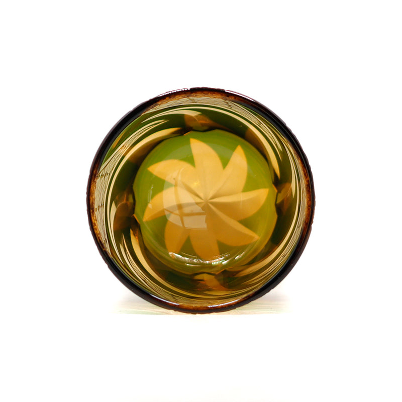 JP-029 25 CL Green and Amber Tinted Glass Whiskey Tumbler With Classic Hand Cut Burning Flame Pattern