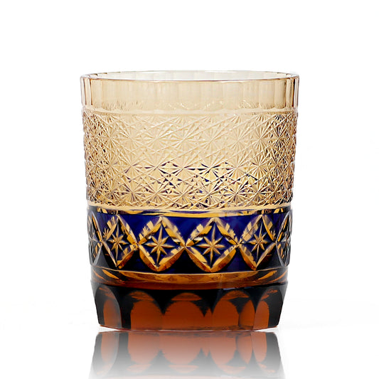 JP-047 250 ml  Blue and Amber color tinted Glass Whiskey Tumblers Edo Kiriko with hand cut Shippo seven treasures design