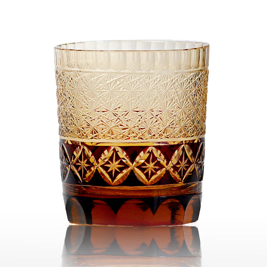 JP-047 250 ml Ruby Red and Amber Color Tinted Glass Whiskey Tumblers with hand cut Shippo / seven treasures design