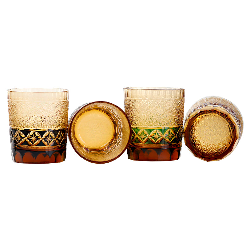JP-047 250 ml  Blue and Amber color tinted Glass Whiskey Tumblers Edo Kiriko with hand cut Shippo seven treasures design