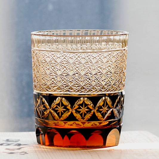JP-047 250 ml Japanese Style Edo Kiriko Black Whiskey Glass Tumblers with hand cut Shippo / seven treasures design