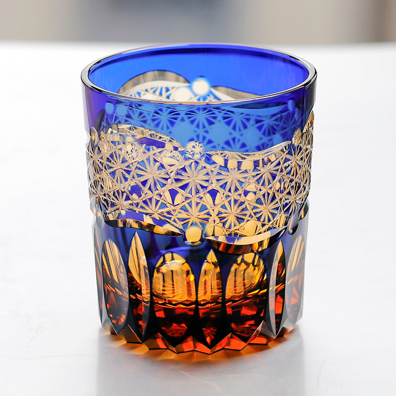 JP-054  250 ml  Japanesque Style Blue and Amber Color Cased Glass Whiskey Tumblers with Hand Carved Mountain and Lotus Design