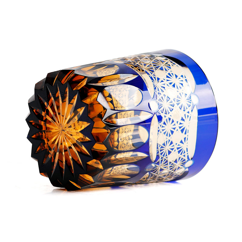 JP-054  250 ml  Japanesque Style Blue and Amber Color Cased Glass Whiskey Tumblers with Hand Carved Mountain and Lotus Design