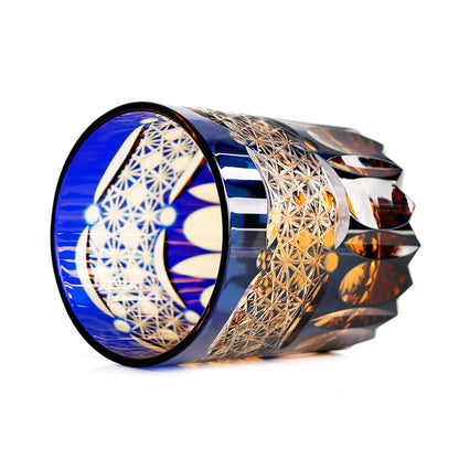 JP-054  250 ml  Japanesque Style Blue and Amber Color Cased Glass Whiskey Tumblers with Hand Carved Mountain and Lotus Design