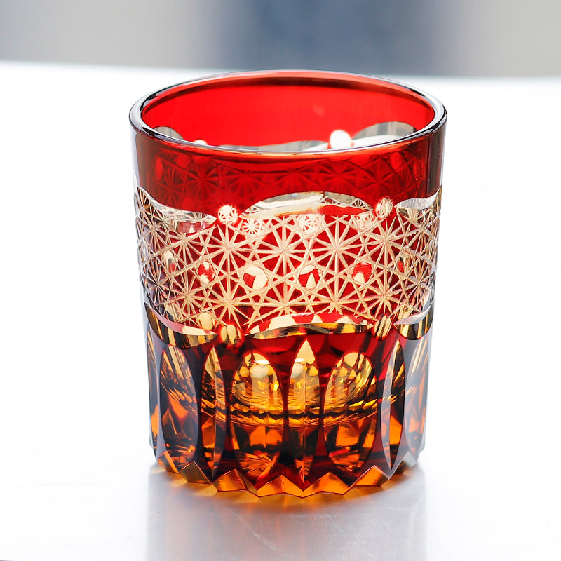 JP-054  250 ml  Japanesque Style Ruby Red and Amber Color Cased Glass Whiskey Tumblers with Hand Carved Mountain and Lotus Design