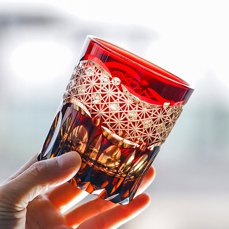 JP-054  250 ml  Japanesque Style Ruby Red and Amber Color Cased Glass Whiskey Tumblers with Hand Carved Mountain and Lotus Design