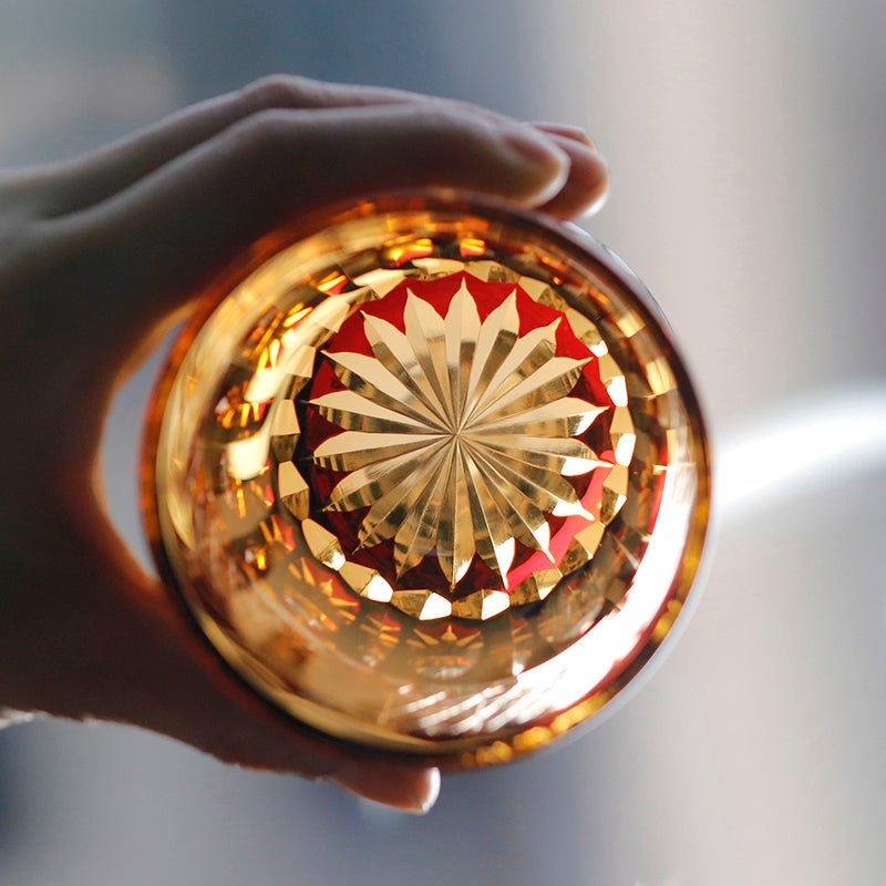 JP-054  250 ml  Japanesque Style Ruby Red and Amber Color Cased Glass Whiskey Tumblers with Hand Carved Mountain and Lotus Design
