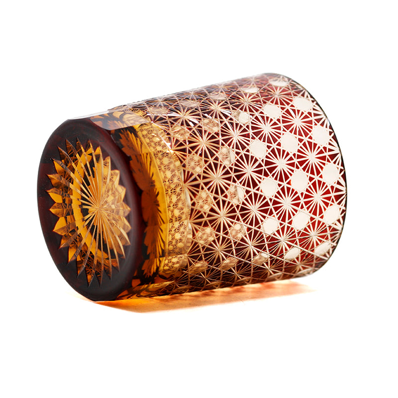 JP-022  Ruby red and amber color cased Glass Whiskey Tumblers with classic Japanesque Hand cut design