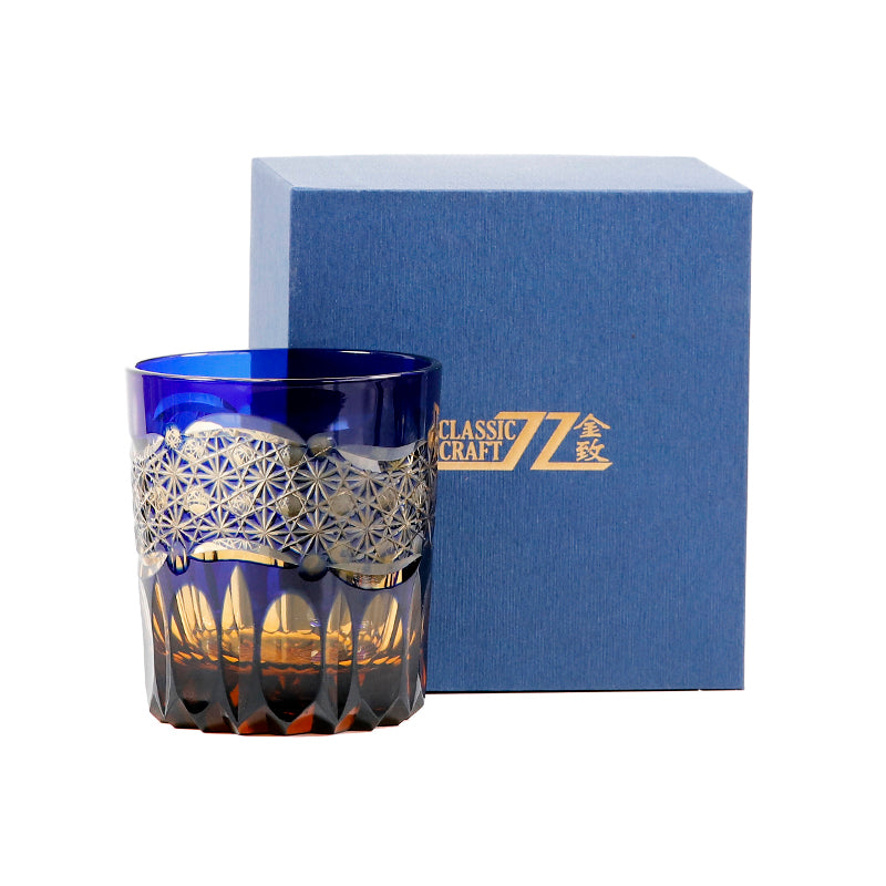 JP-054  250 ml  Japanesque Style Blue and Amber Color Cased Glass Whiskey Tumblers with Hand Carved Mountain and Lotus Design