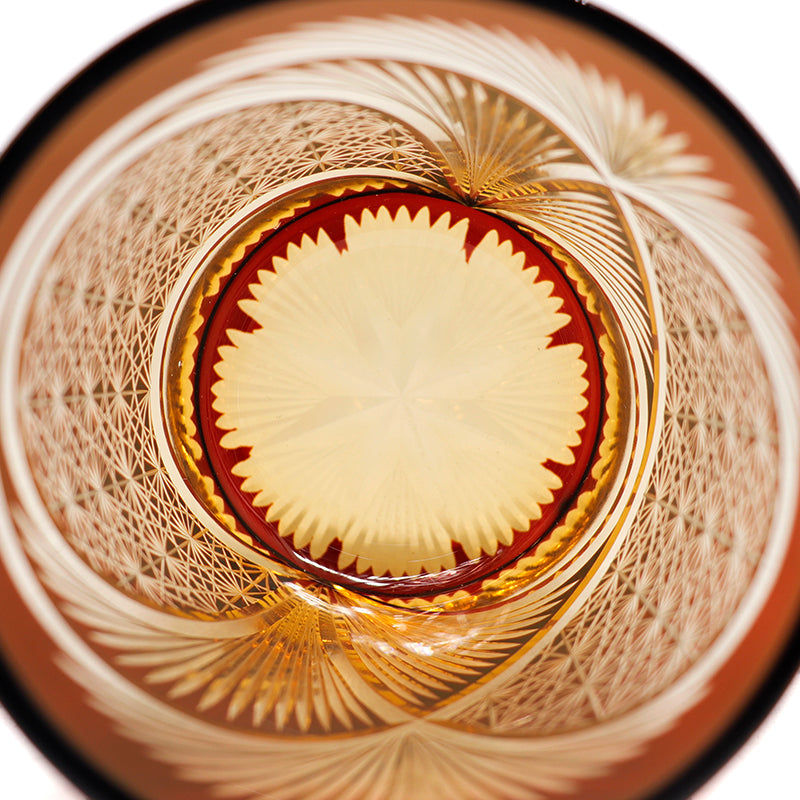 JP-030 250 ml Ruby Red and Amber Tinted Glass Whiskey Cup With Hand Cut Classic Chrysanthemum And Fans 2 different Design