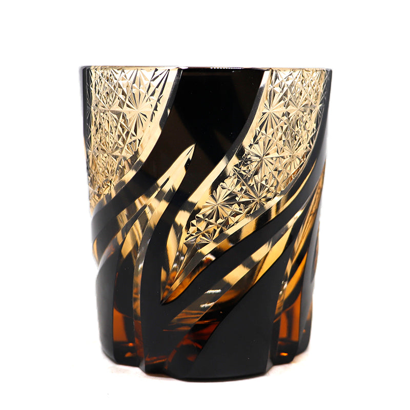 JP-029 25 CL Black and Amber Tinted Glass Whiskey Tumbler With Classic Hand Cut Burning Flame Pattern