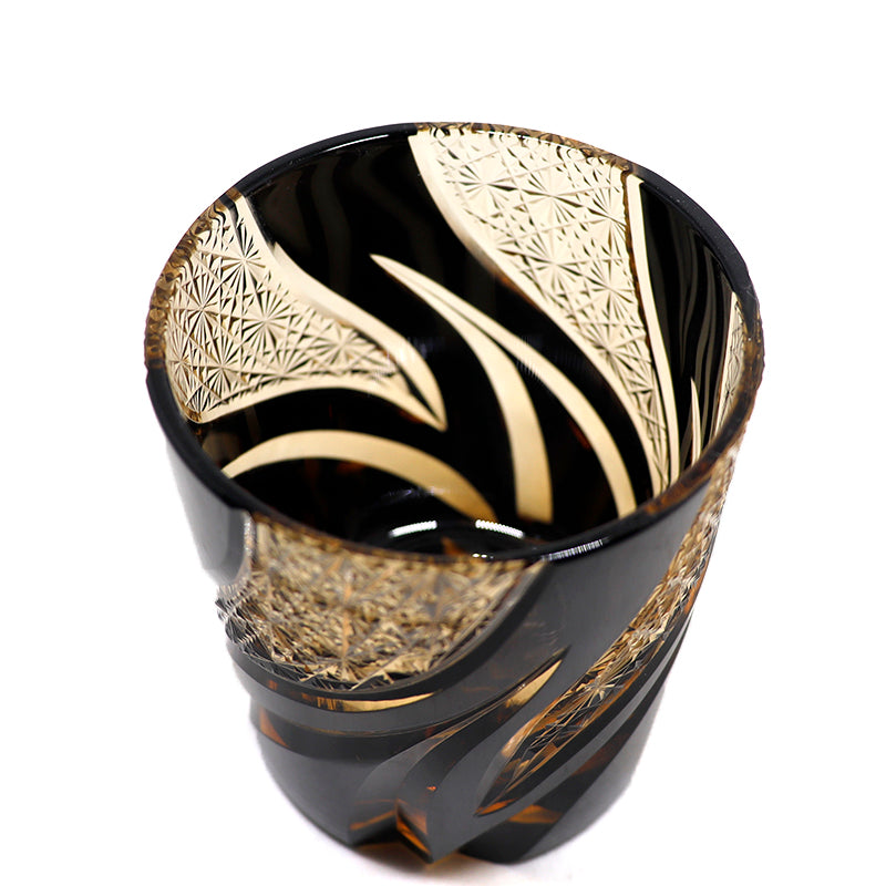 JP-029 25 CL Black and Amber Tinted Glass Whiskey Tumbler With Classic Hand Cut Burning Flame Pattern