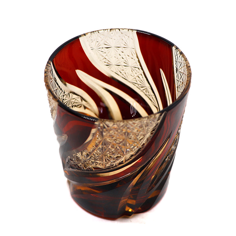 JP-029 25 CL Ruby Red and Amber Tinted Glass Whiskey Tumbler With Classic Hand Cut Burning Flame Pattern
