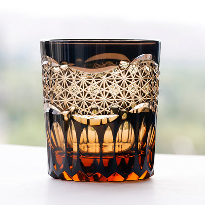 JP-054  250 ml  Japanesque Style Black and Amber Color Cased Glass Whiskey Tumblers with Hand Carved Mountain and Lotus Design