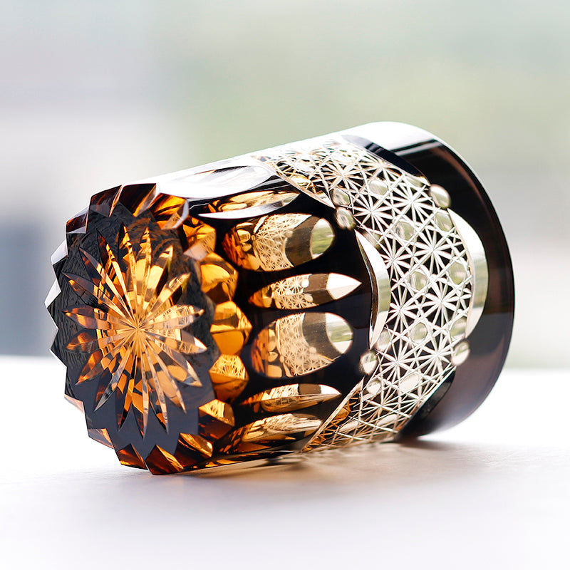 JP-054  250 ml  Japanesque Style Black and Amber Color Cased Glass Whiskey Tumblers with Hand Carved Mountain and Lotus Design
