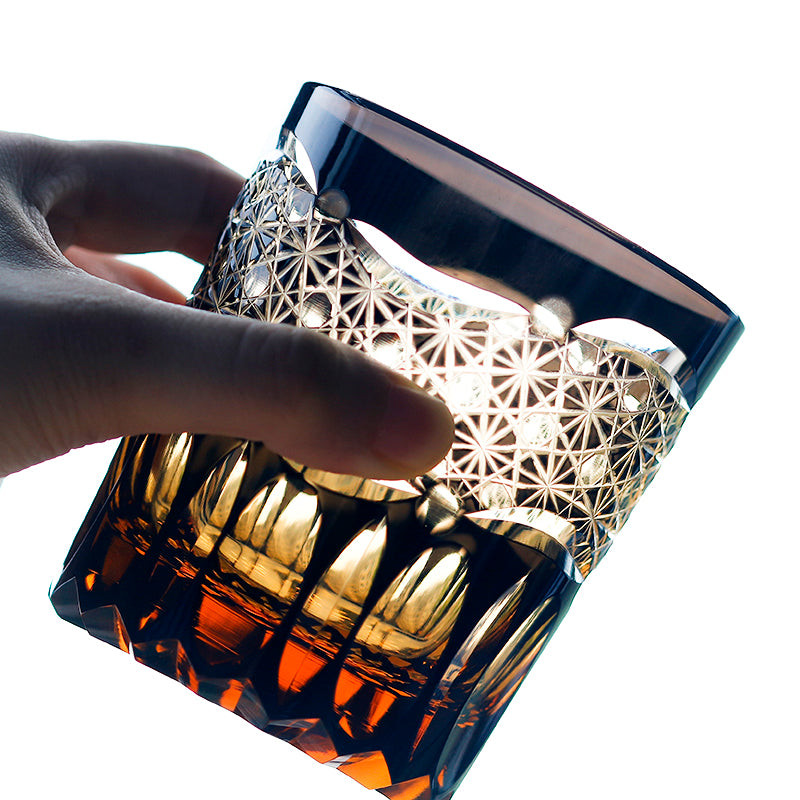 JP-054  250 ml  Japanesque Style Black and Amber Color Cased Glass Whiskey Tumblers with Hand Carved Mountain and Lotus Design