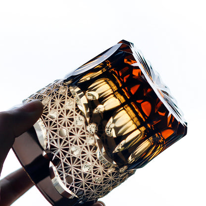 JP-054  250 ml  Japanesque Style Black and Amber Color Cased Glass Whiskey Tumblers with Hand Carved Mountain and Lotus Design