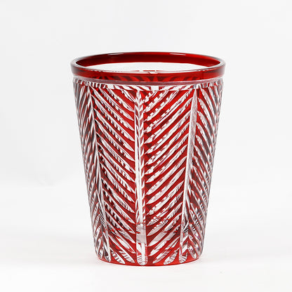 JP-046 Hand Engraved and Ruby Red Color Cased Crystal Glass Highball Tumblers---Hand Cut To Clear Feather Design