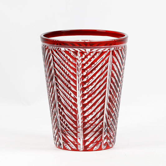 JP-046 Hand Engraved and Ruby Red Color Cased Crystal Glass Highball Tumblers---Hand Cut To Clear Feather Design