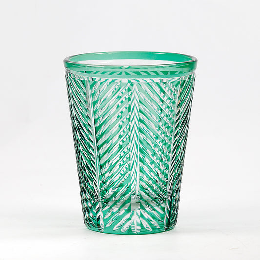 JP-046 Green and Transparent overlaid Glass Highball Tumblers---Hand Cut To Clear Feather Design