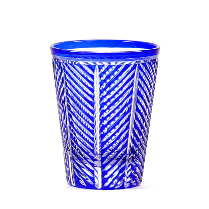 JP-046 Blue and Transparent overlaid Glass Highball Tumblers---Hand Cut To Clear Feather Design