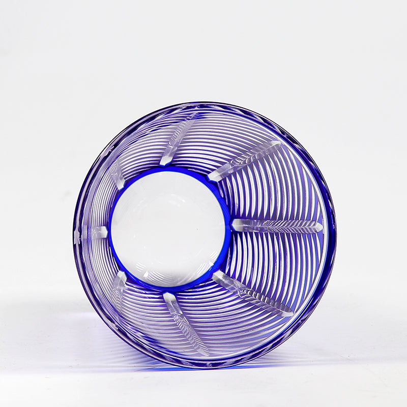 JP-046 Blue and Transparent overlaid Glass Highball Tumblers---Hand Cut To Clear Feather Design
