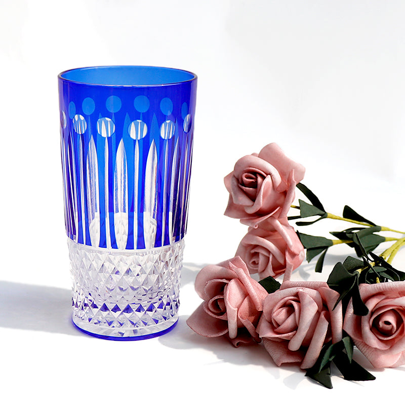 JP-094 Hand Cut To Blue Crystal Bar Service Hand Cut Star Shaped Base Highball Glass Tumblers Blue Crystal Glass High Tumbler 12.3oz