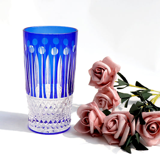 JP-094 Hand Cut To Blue Crystal Bar Service Hand Cut Star Shaped Base Highball Glass Tumblers Blue Crystal Glass High Tumbler 12.3oz