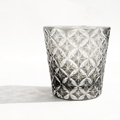 JP-051 32 cl Mouth Blown Smokey Grey Color Tinted Glass Water Whiskey Glass Tumblers---Hand engraved cross and stars