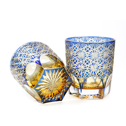 JP-048-2  Handcrafts Japanese Style Whiskey Glasses Blue Amber Clear 3 Layer Color Tinted Glass With Edo Kiriko's Chrysanthemum Design In Gift Box