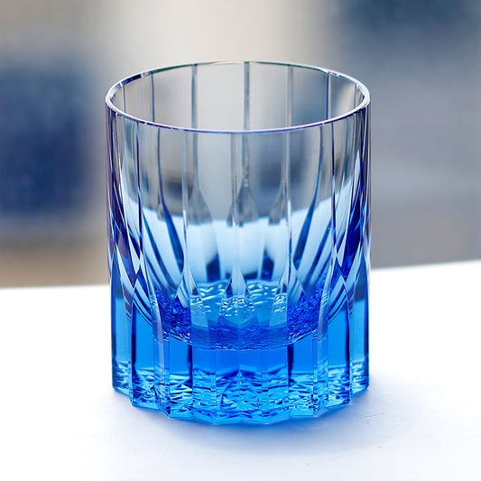 JP-091  200 ml  Heavy and Thick Bottom Blue K9 Crystal Glass Tumblers---Hand engraved asterism Patterns