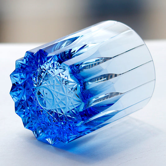 K9 Crystal Whiskey Glass Hand Cut Starlight Pattern 7oz Blue
